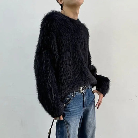 Black Red Shaggy Crewneck Sweater