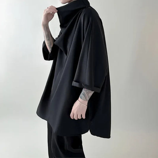 Black Blue Oversized Cowl Sleeve Shirt