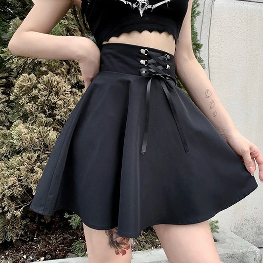 Black High-Waist Lace-Up Skater Mini Skirt