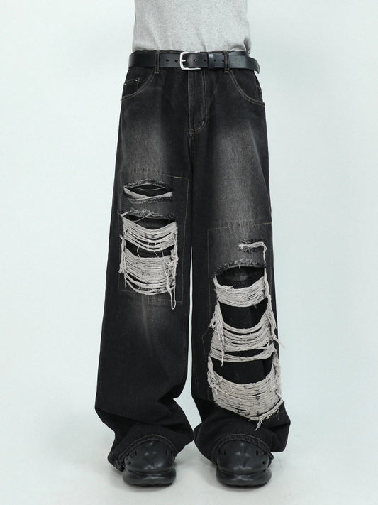 Black Blue Distressed Wide-Leg Denim Pants