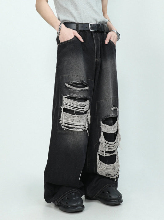 Men's Black Blue Distressed Wide-Leg Denim Pants - alternate studio view (2 of 4)