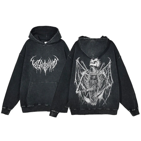 Men's Charcoal Acid Wash Winged Skeleton Hoodie - front studio view