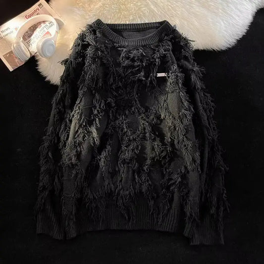 Men's Black Distressed Fringe Knit Pullover - primary product photo