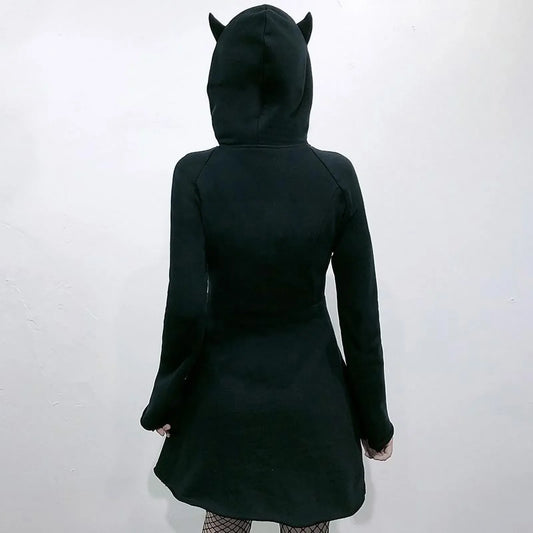 Black Horned Hood Zip Mini Dress