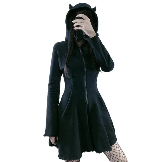 Women's Black Horned Hood Zip Mini Dress - front studio view (1 of 3)