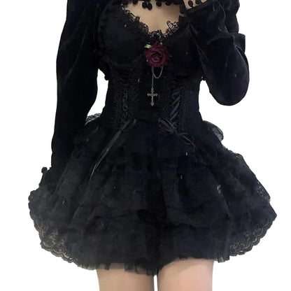 Women's Black Velvet Rose Lace Mini Dress - close-up of material and texture (1 of 2)