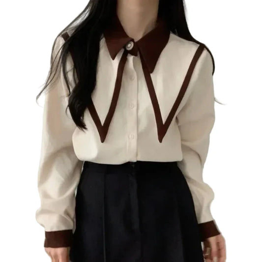 Women's Black White Contrast Collar Blouse - alternate view, shown with a person (2 of 2)