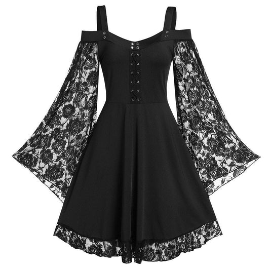 Women's Black Cold-Shoulder Lace Mini Dress - front studio view (1 of 2)