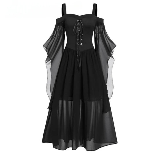 Women's Black Sheer Bell-Sleeve Midi Dress - front studio view