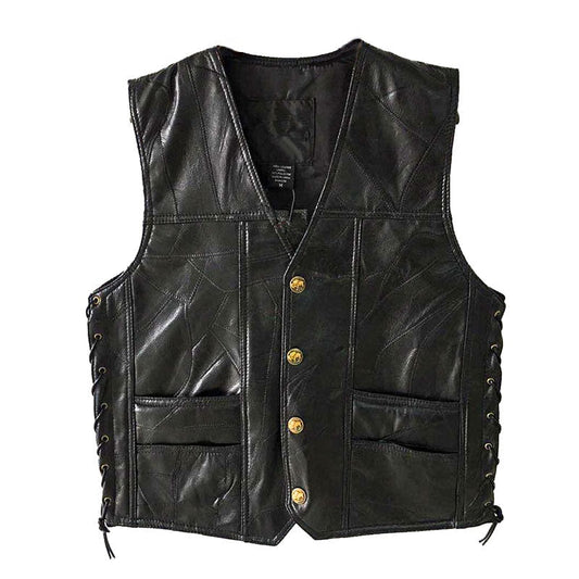 Men's Black Patchwork Faux Leather Vest - front studio view