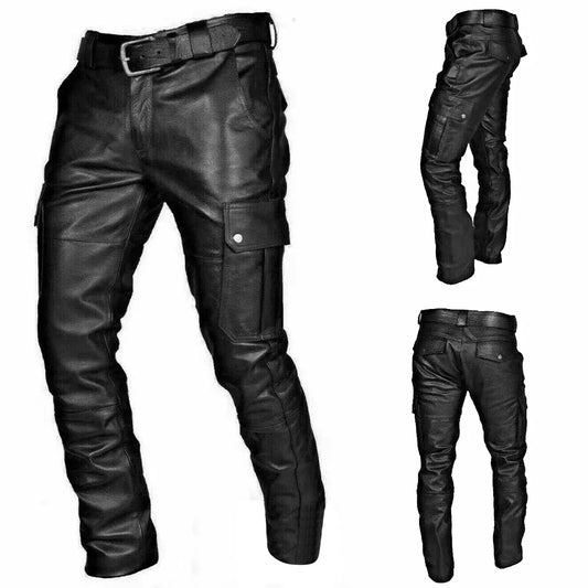 Men's Black Faux Leather Cargo Moto Pants - front studio view (1 of 4)