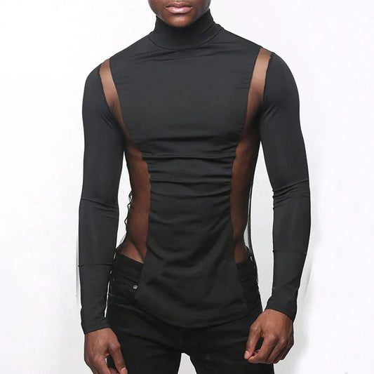Men's Black Mesh Ruched Mock-Neck Top - primary lifestyle photo (1 of 3)