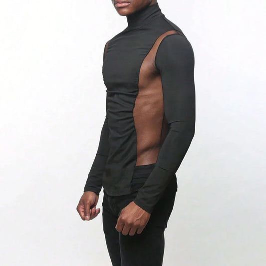 Black Mesh Ruched Mock-Neck Top