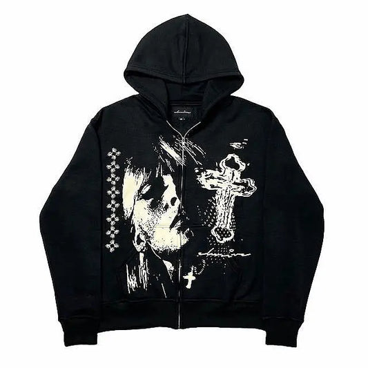 Men's Black Distressed Portrait Zip Hoodie - front studio view