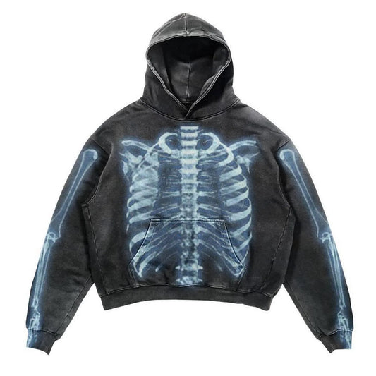 Men's Charcoal Acid Wash X-Ray Skeleton Hoodie - front studio view