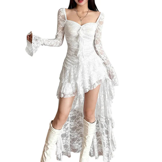 Celestia Fairycore Gothic Dress – Lace Flare Sleeve Ankle-Length