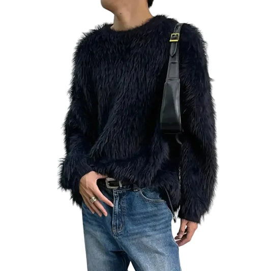 Men's Black Red Shaggy Crewneck Sweater - front studio view (1 of 6)