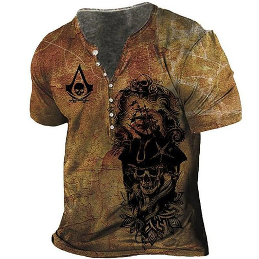 Men's Tan Distressed Pirate Skull Henley - alternate view, shown with a person (2 of 5)