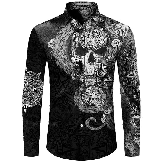 Men's Black Gray Aztec Skull Shirt - front studio view