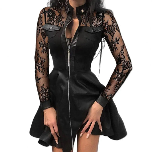 Women's Black Faux Leather Lace Zip Mini Dress - primary photo, shown with a person (1 of 2)