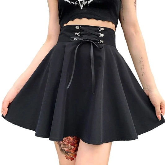 Women's Black High-Waist Lace-Up Skater Mini Skirt - primary photo, shown with a person (1 of 2)