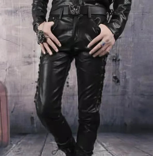 Men's Black Faux Leather Side-Lace Slim Pants - primary photo, shown with a person (1 of 2)